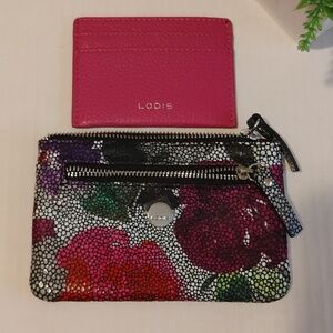 Lodis RFID Leather Metallic Floral Small Coin Zip Wallet w Card Case.